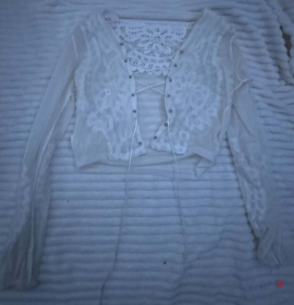 White Mesh Lace Tie Front Crop Top Size M Long Sleeve Cardigan